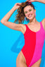 Rouched One Piece Swimsuit in Terez Pink and Hot Red