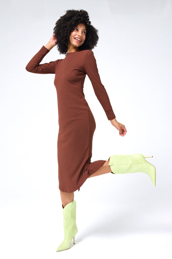 Long Sleeve Rib Dress in Cafe