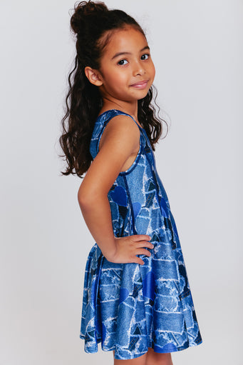 Kids Skater Dress in Denim Heart Patchwork