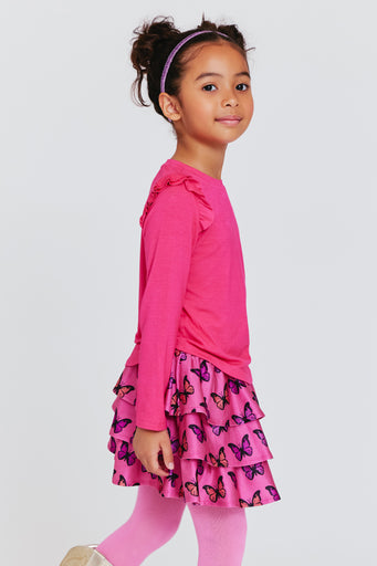 Kids Ruffle Long Sleeve Tee in Terez Pink