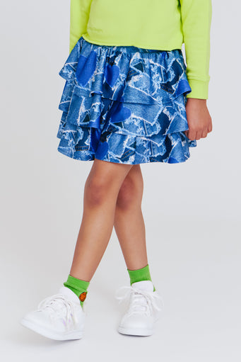 Kids Tiered Skirt in Denim Heart Patchwork