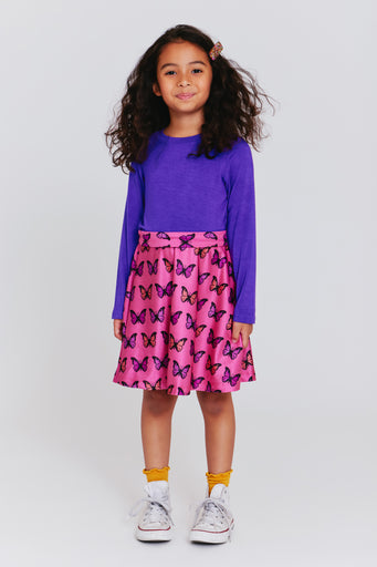 Kids Long Sleeve Dress in Pink Halftone Butterfly