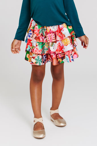 Girls Hi-Shine Tiered Skirt in Cookie Collage