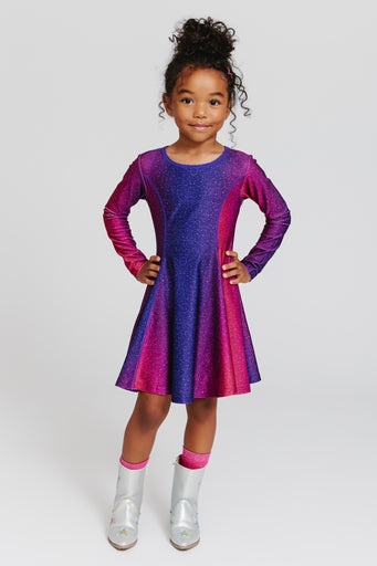 Kids Hi-Shine Long Sleeve Skater Dress in Jewel Glitter