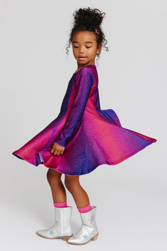 Kids Hi-Shine Long Sleeve Skater Dress in Jewel Glitter