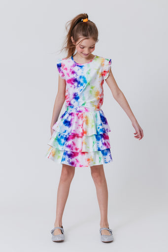 Girls Tiered Skirt in Rainbow Ice Dye