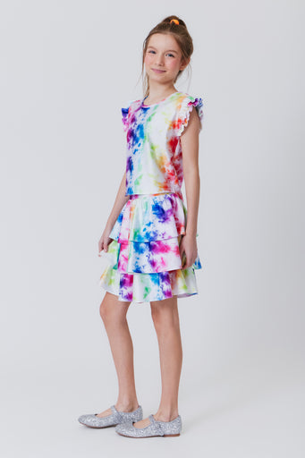 Girls Tiered Skirt in Rainbow Ice Dye