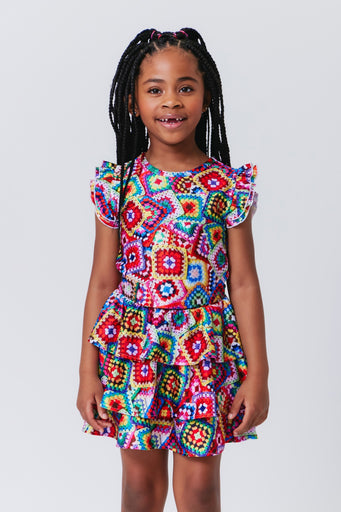 Girls Hi-Shine Ruffle Crop Top in Granny Squares