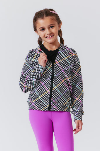 Girls Oversized Zip Hoodie in Rainbow Stripe Houndstooth