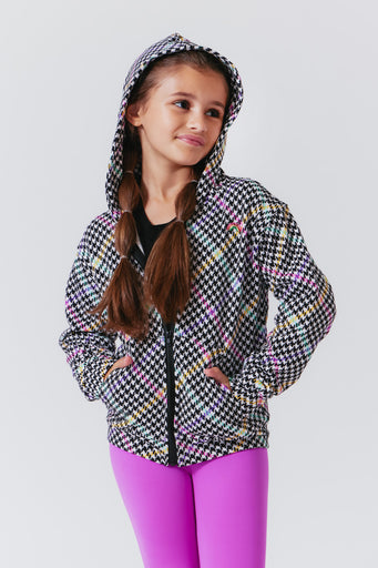 Girls Oversized Zip Hoodie in Rainbow Stripe Houndstooth