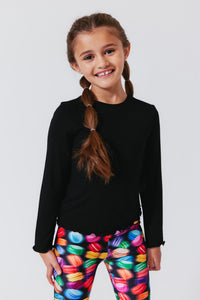 Girls Lettuce Edge Long Sleeve Tee in Black