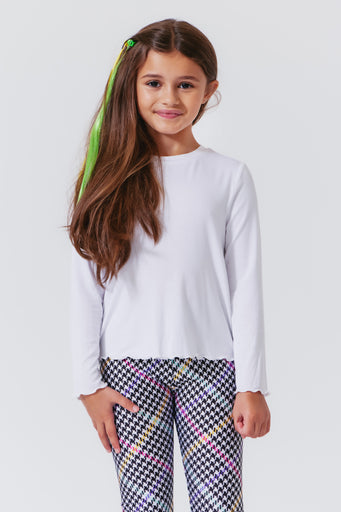 Girls Lettuce Edge Long Sleeve Tee in White