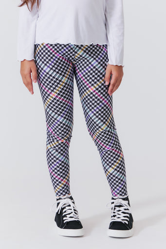 Girls Hi-Shine Leggings in Rainbow Stripe Houndstooth