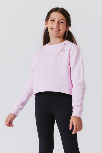 Girls Raw Hem Cropped Crew in Rose