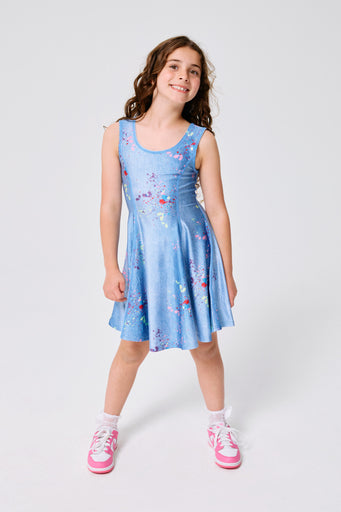 Girls Hi-Shine Skater Dress in Denim Paint Splatter