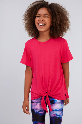 Kids Tie Front Tee in Hot Pink