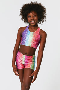 Kids Booty Shorts in Rainbow Glitter Foil