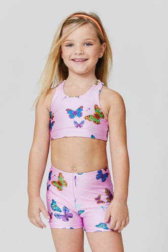 Kids Sports Bra in Pink Neon Butterflies