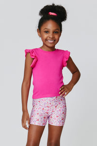 Kids Ruffle Sleeve Crop Tee in Terez Pink