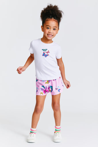 Kids Gym Shorts in Pink Neon Butterflies